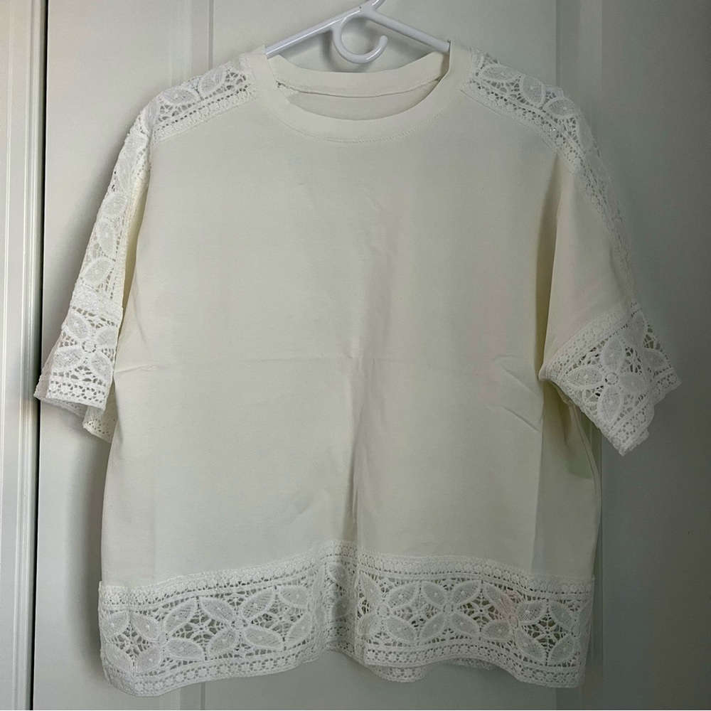 Lace Embroidered Trim Cream Top